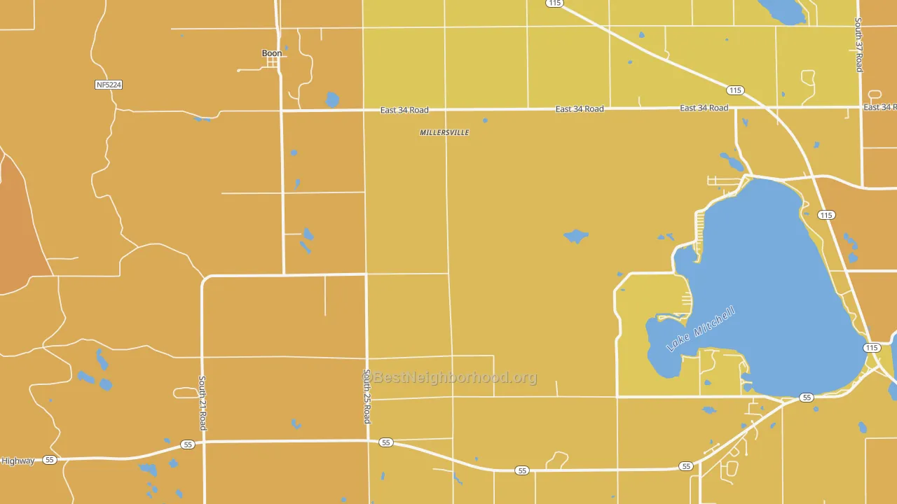 Map of the best neighborhoods in the Boon area, with better matches in green and worse matches in red