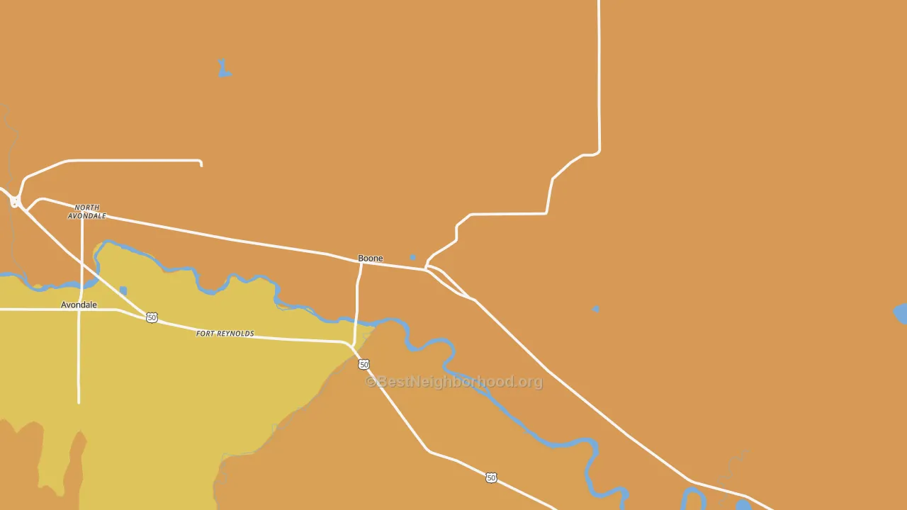 Map of the best neighborhoods in the Boone area, with better matches in green and worse matches in red