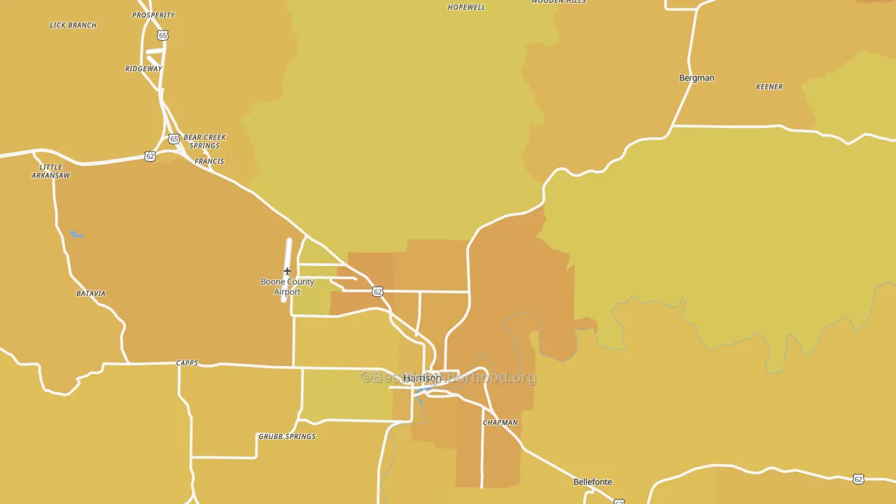 Map of the best neighborhoods in the Boone County area, with better matches in green and worse matches in red