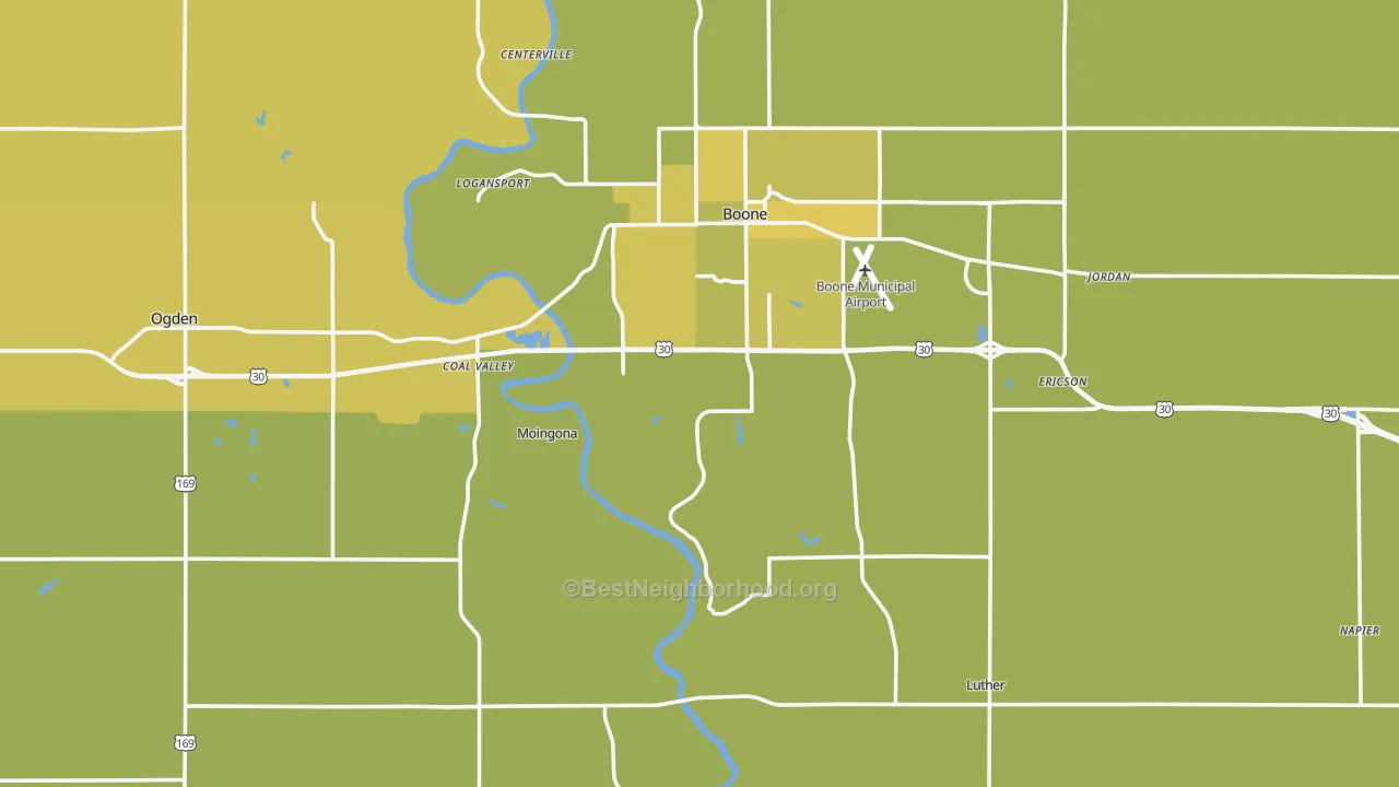 Map of the best neighborhoods in the Boone County area, with better matches in green and worse matches in red