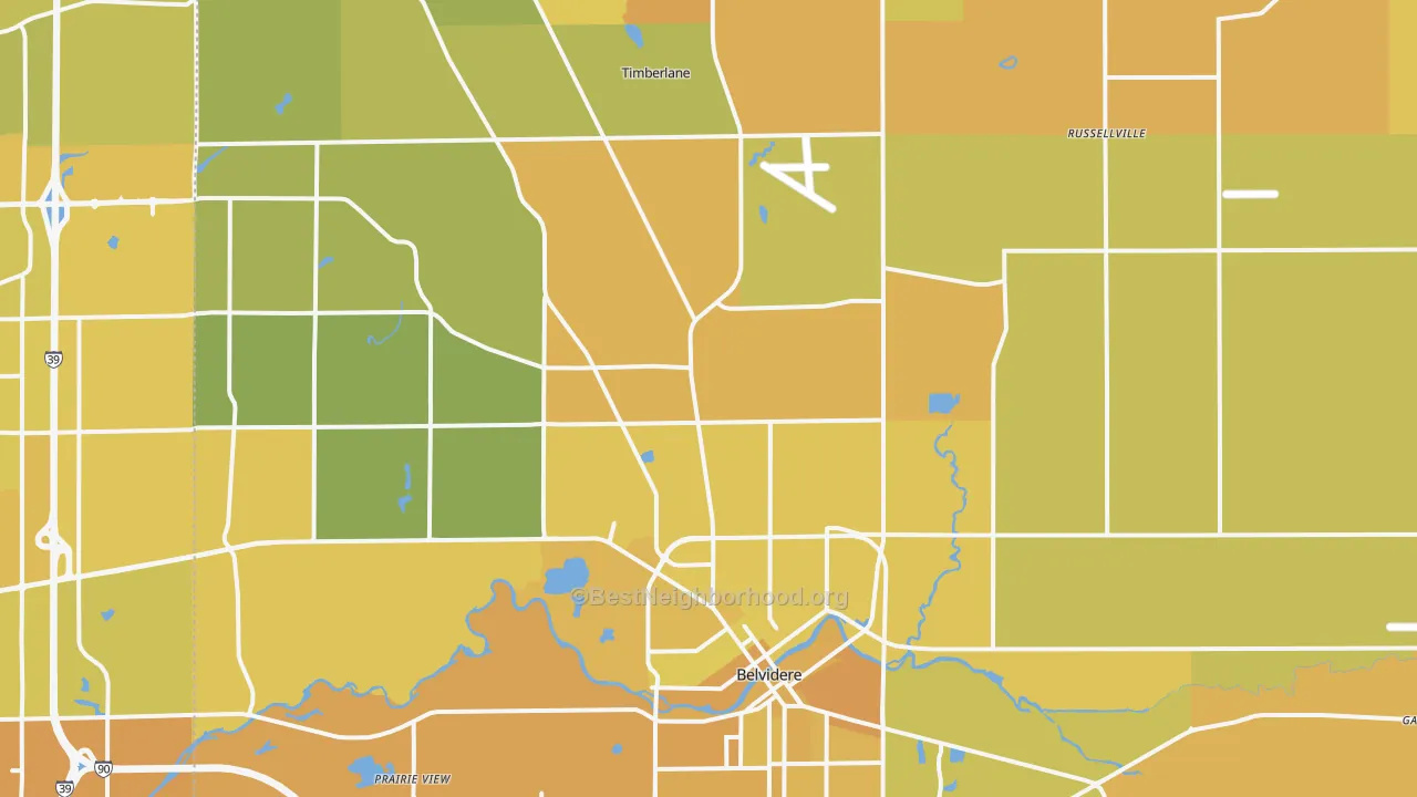 Map of the best neighborhoods in the Boone County area, with better matches in green and worse matches in red