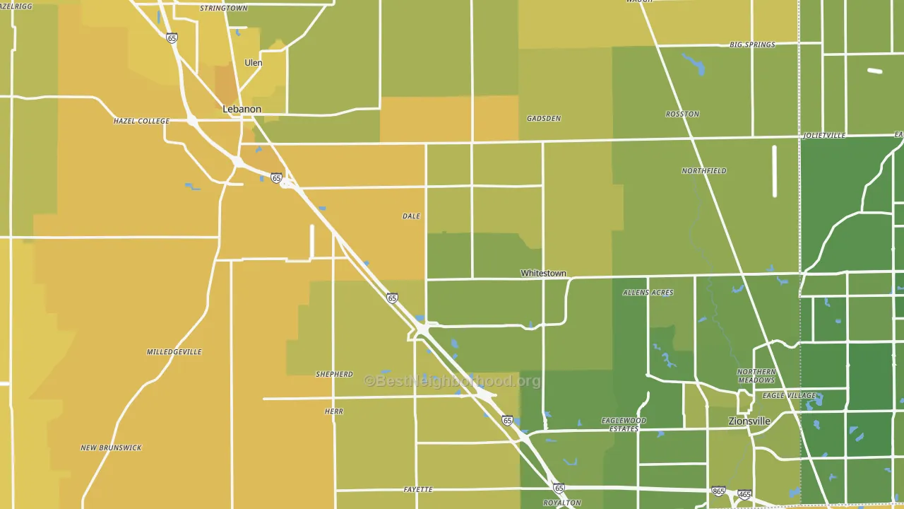 Map of the best neighborhoods in the Boone County area, with better matches in green and worse matches in red
