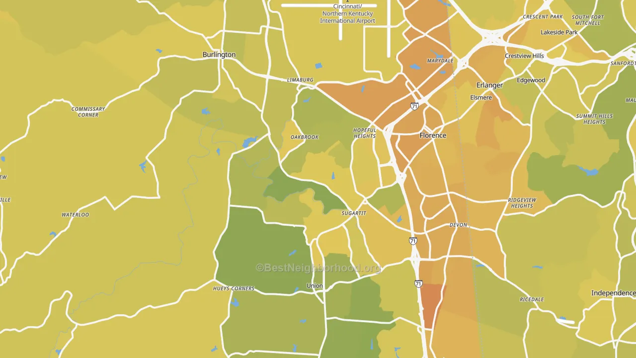 Map of the best neighborhoods in the Boone County area, with better matches in green and worse matches in red