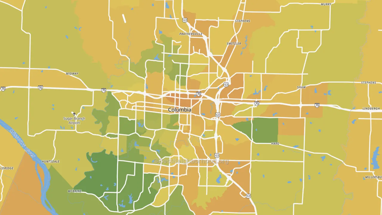 Map of the best neighborhoods in the Boone County area, with better matches in green and worse matches in red