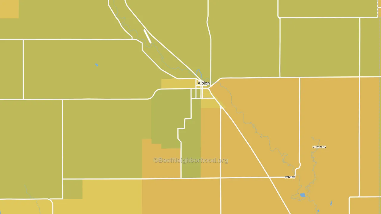 Map of the best neighborhoods in the Boone County area, with better matches in green and worse matches in red