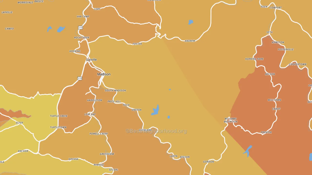 Map of the best neighborhoods in the Boone County area, with better matches in green and worse matches in red
