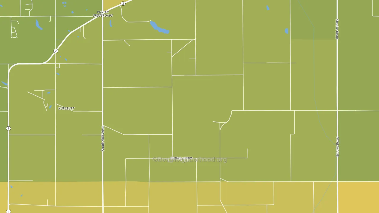 Map of the best neighborhoods in the Boone Grove area, with better matches in green and worse matches in red
