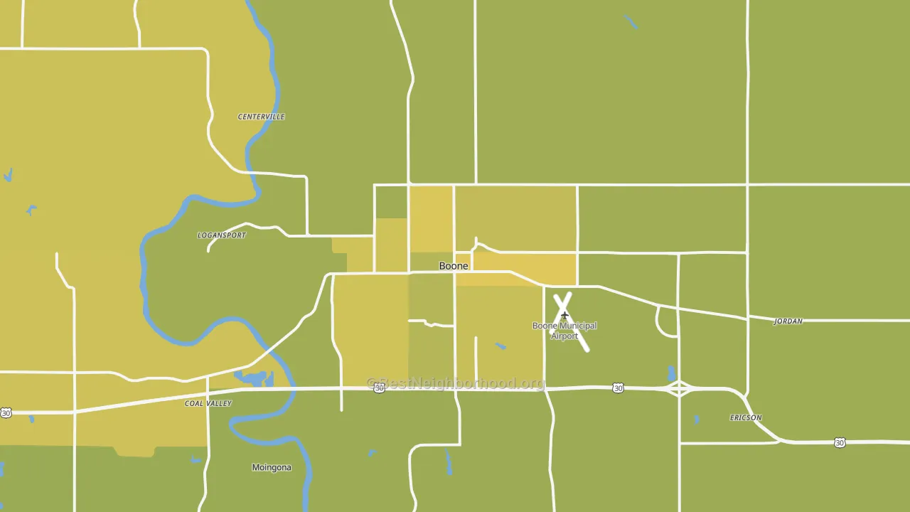 Map of the best neighborhoods in the Boone area, with better matches in green and worse matches in red