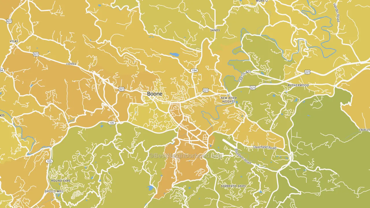 Map of the best neighborhoods in the Boone area, with better matches in green and worse matches in red