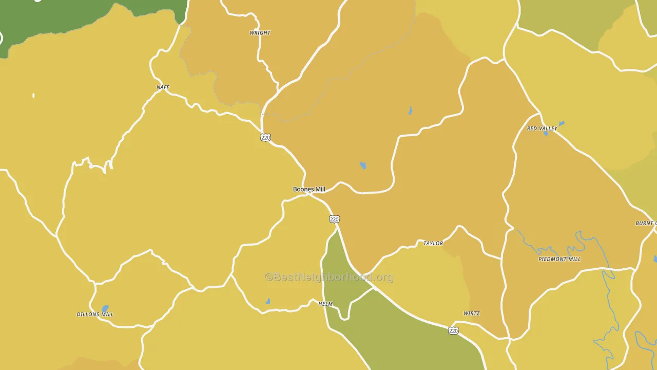 Map of the best neighborhoods in the Boones Mill area, with better matches in green and worse matches in red