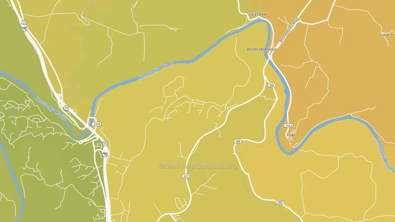Map of the best neighborhoods in the Boonesboro area, with better matches in green and worse matches in red