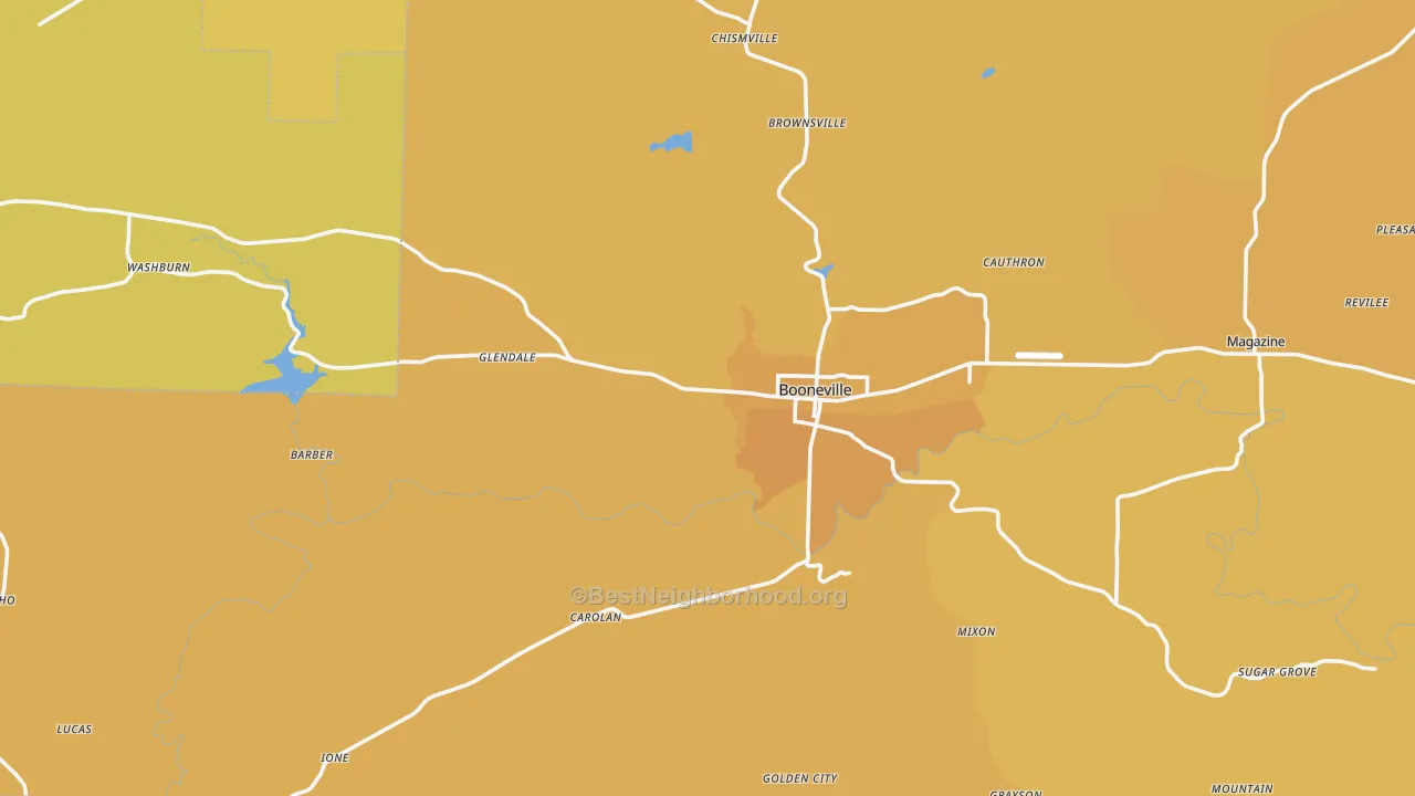 Map of the best neighborhoods in the Booneville area, with better matches in green and worse matches in red