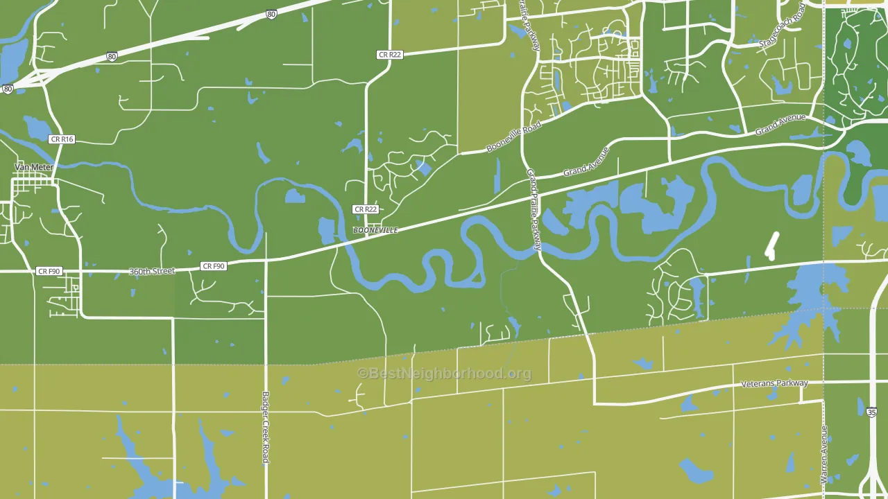 Map of the best neighborhoods in the Booneville area, with better matches in green and worse matches in red