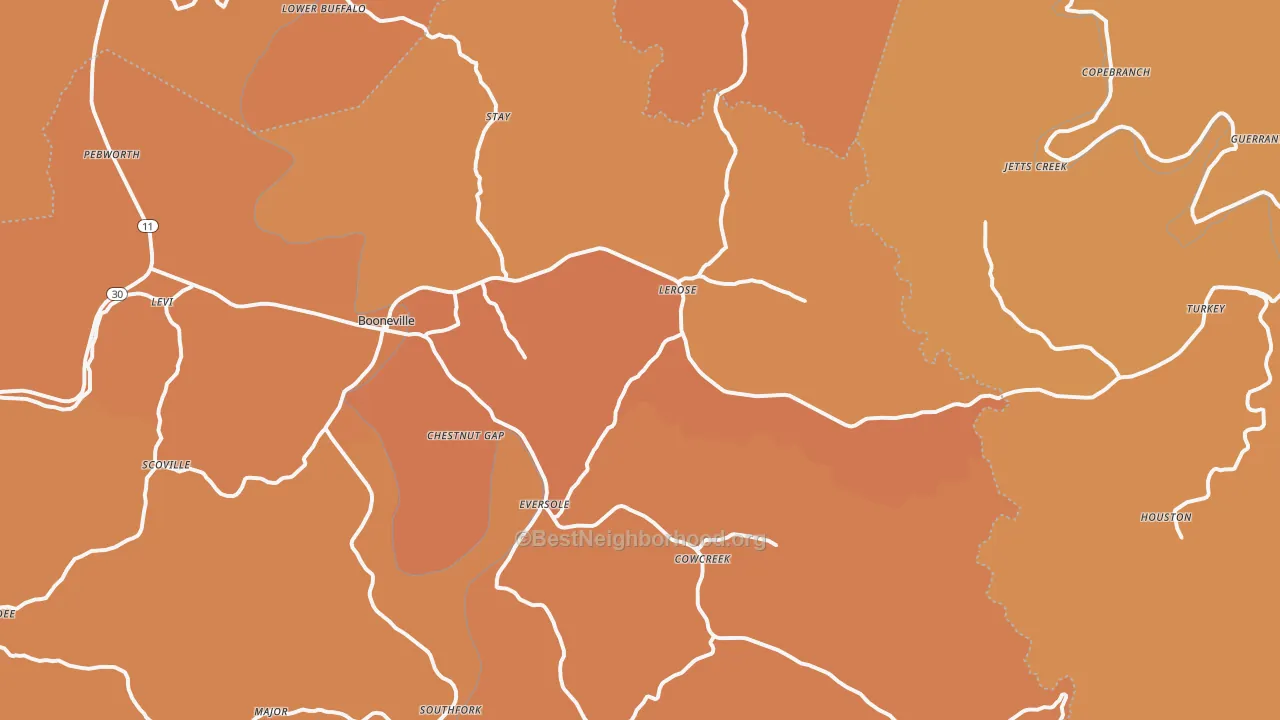 Map of the best neighborhoods in the Booneville area, with better matches in green and worse matches in red
