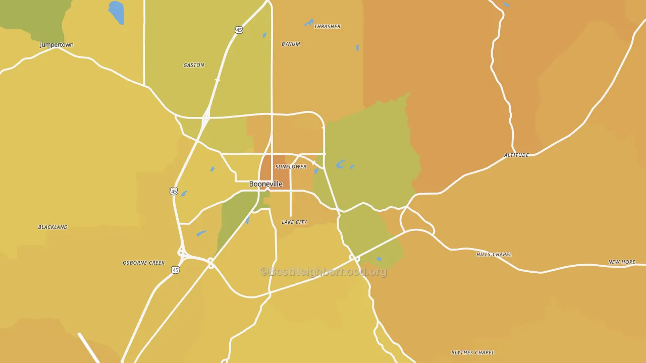 Map of the best neighborhoods in the Booneville area, with better matches in green and worse matches in red