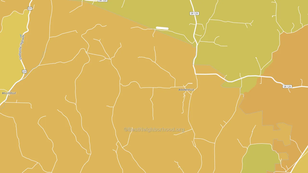 Map of the best neighborhoods in the Booneville area, with better matches in green and worse matches in red