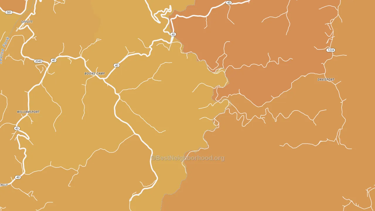 Map of the best neighborhoods in the Boons Camp area, with better matches in green and worse matches in red