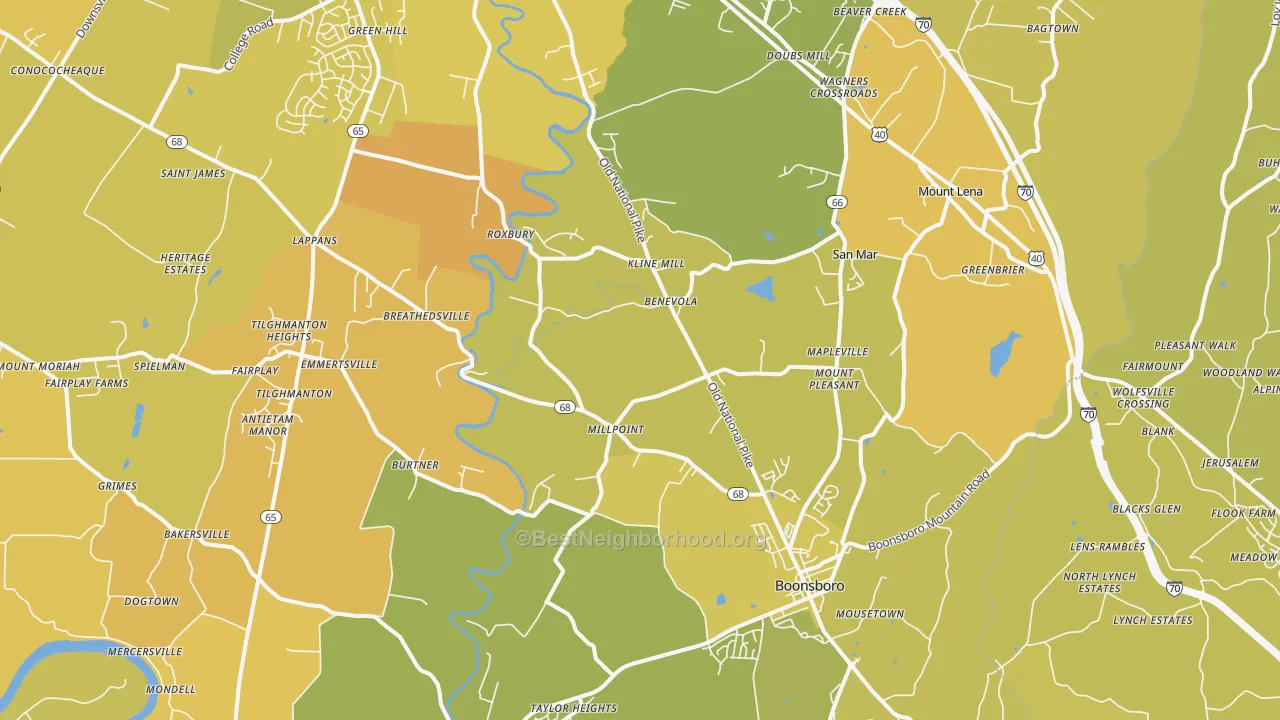 Map of the best neighborhoods in the Boonsboro area, with better matches in green and worse matches in red
