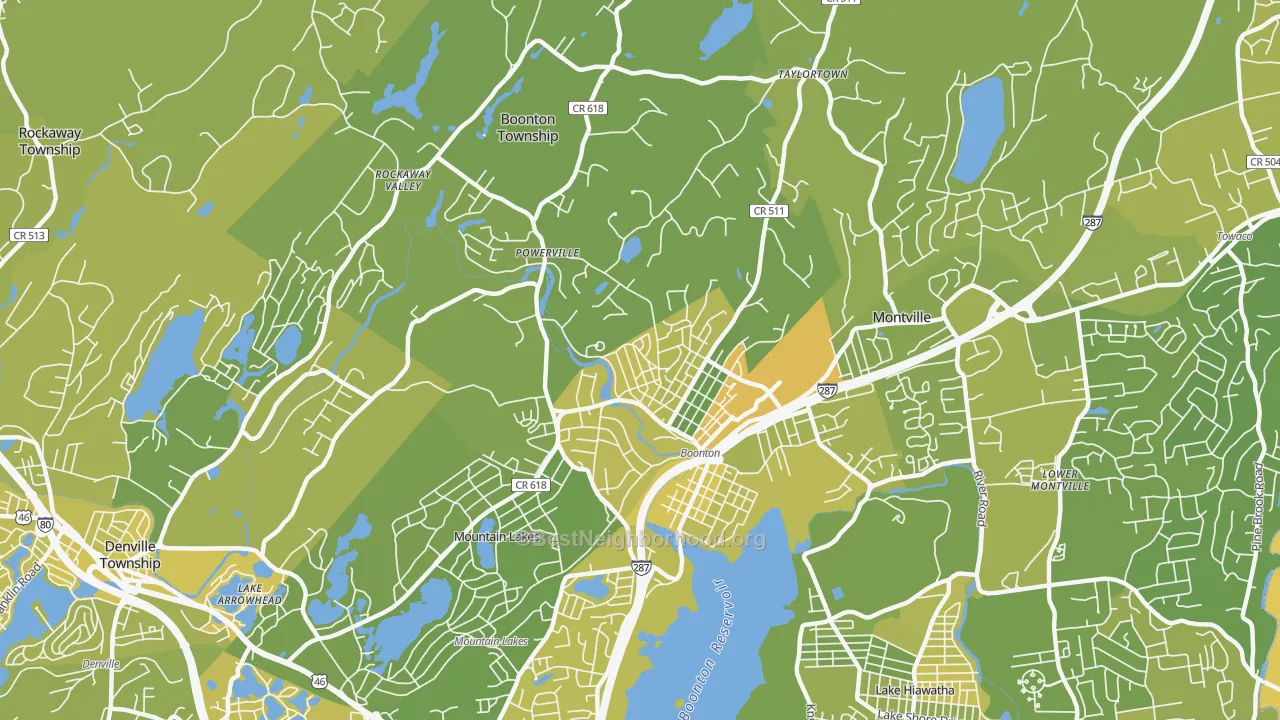 Map of the best neighborhoods in the Boonton area, with better matches in green and worse matches in red