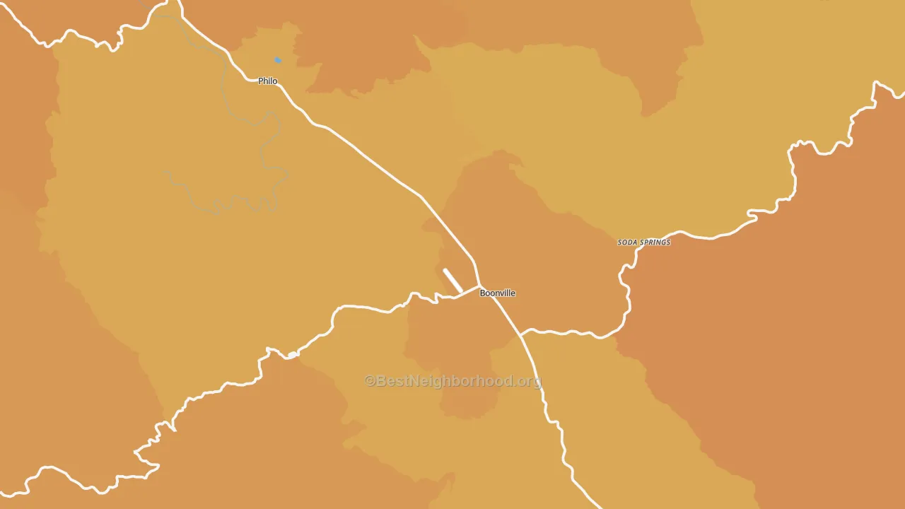 Map of the best neighborhoods in the Boonville area, with better matches in green and worse matches in red
