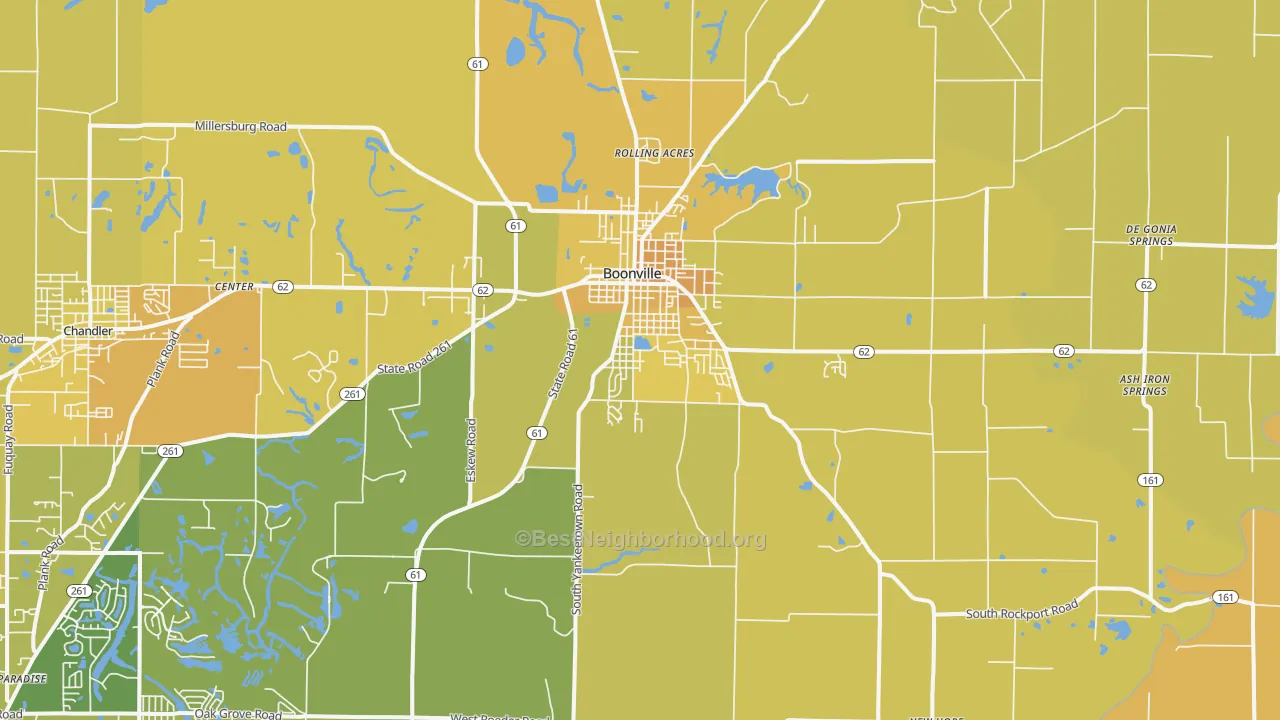 Map of the best neighborhoods in the Boonville area, with better matches in green and worse matches in red