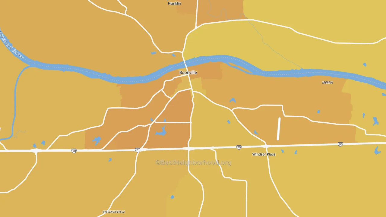Map of the best neighborhoods in the Boonville area, with better matches in green and worse matches in red