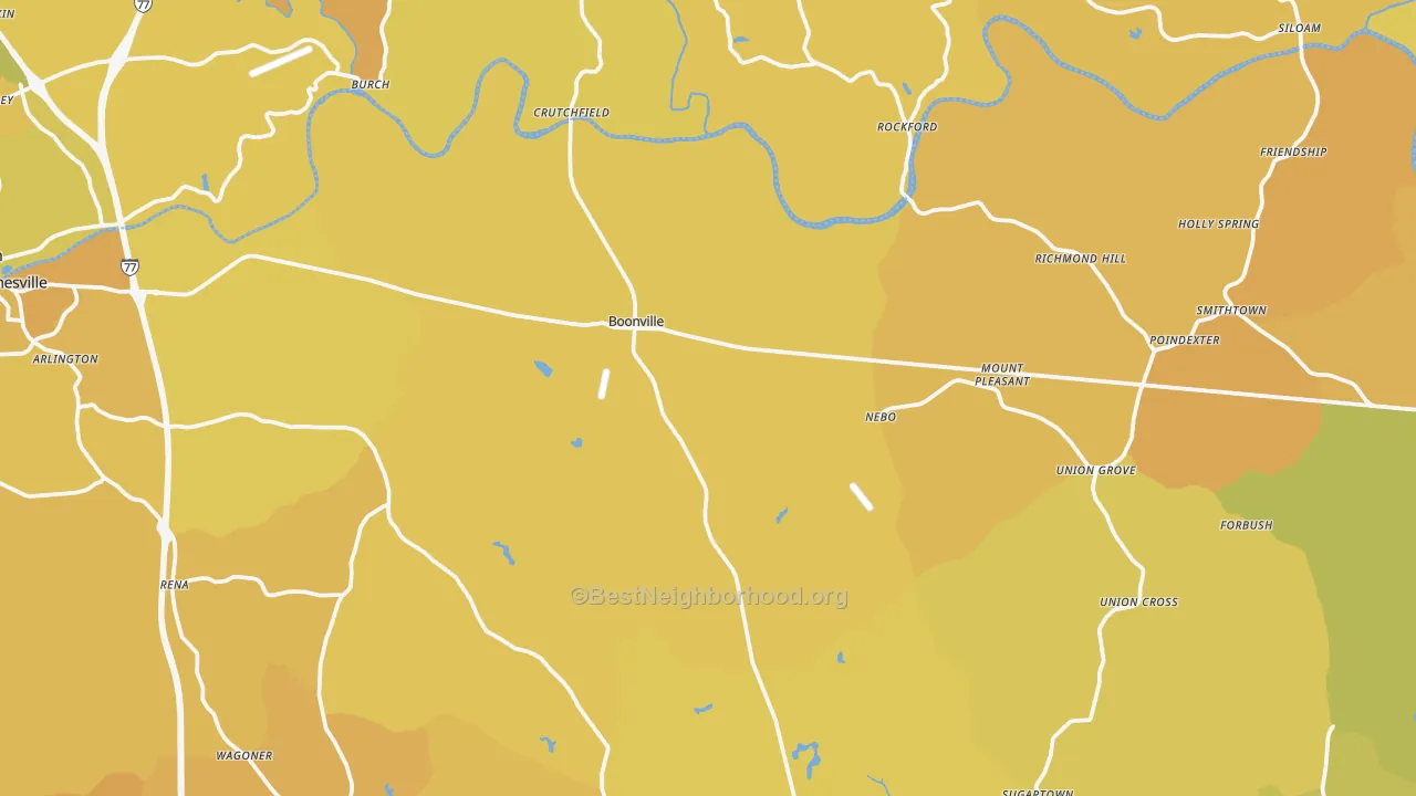 Map of the best neighborhoods in the Boonville area, with better matches in green and worse matches in red