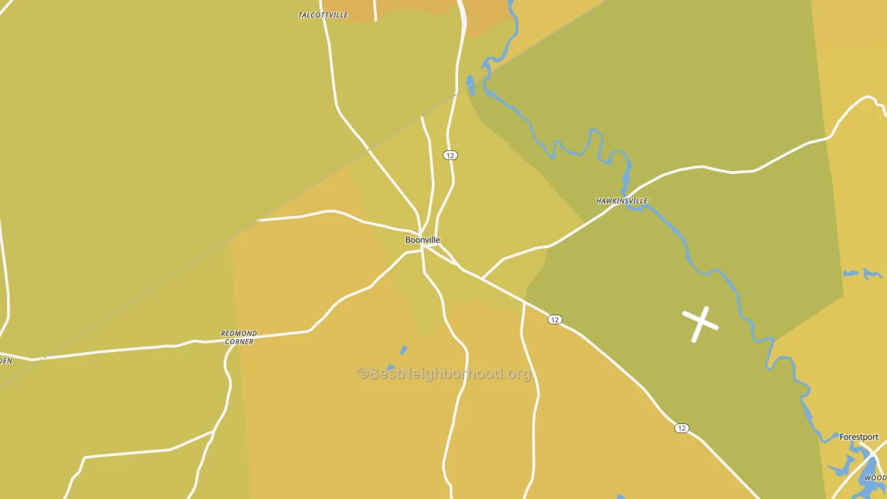 Map of the best neighborhoods in the Boonville area, with better matches in green and worse matches in red