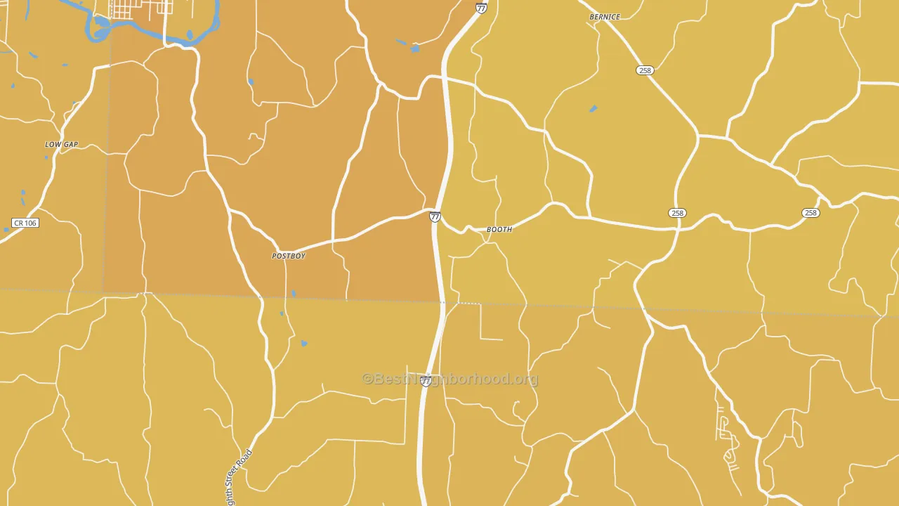 Map of the best neighborhoods in the Booth area, with better matches in green and worse matches in red