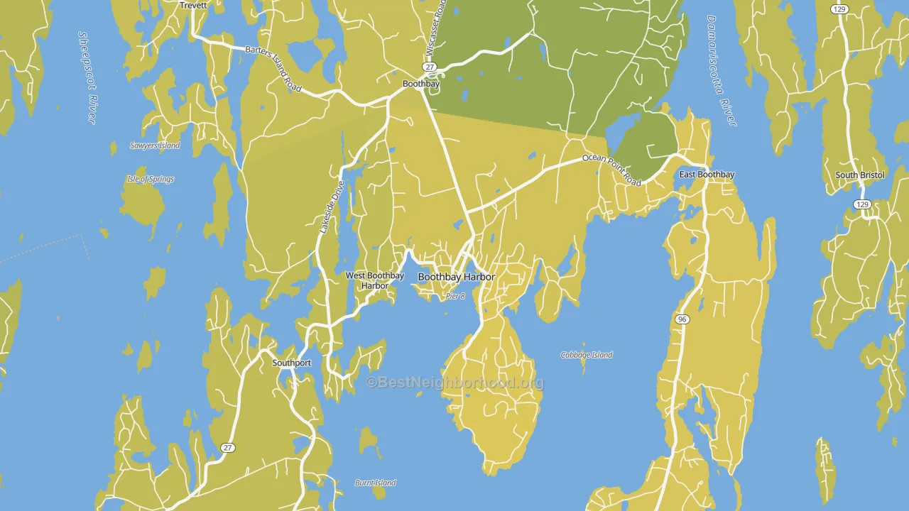 Map of the best neighborhoods in the Boothbay Harbor area, with better matches in green and worse matches in red