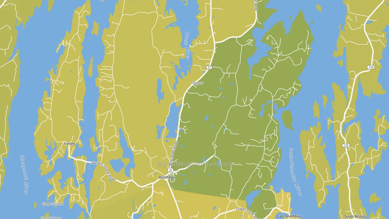 Map of the best neighborhoods in the Boothbay area, with better matches in green and worse matches in red
