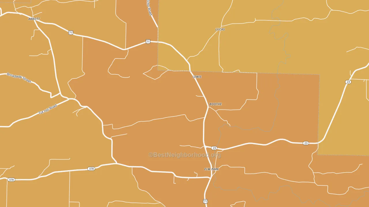 Map of the best neighborhoods in the Boothe area, with better matches in green and worse matches in red