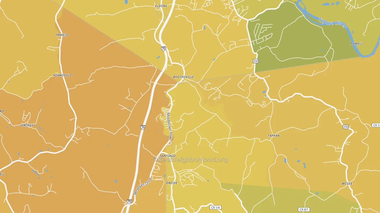 Map of the best neighborhoods in the Boothsville area, with better matches in green and worse matches in red