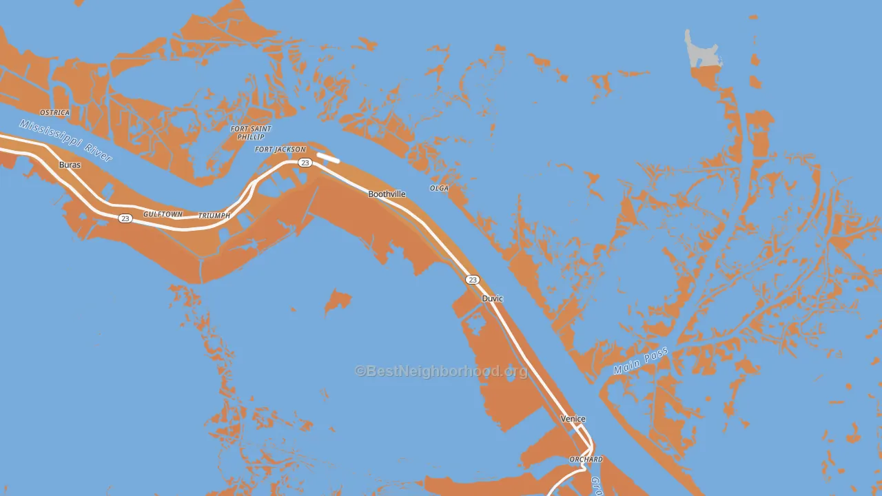 Map of the best neighborhoods in the Boothville area, with better matches in green and worse matches in red