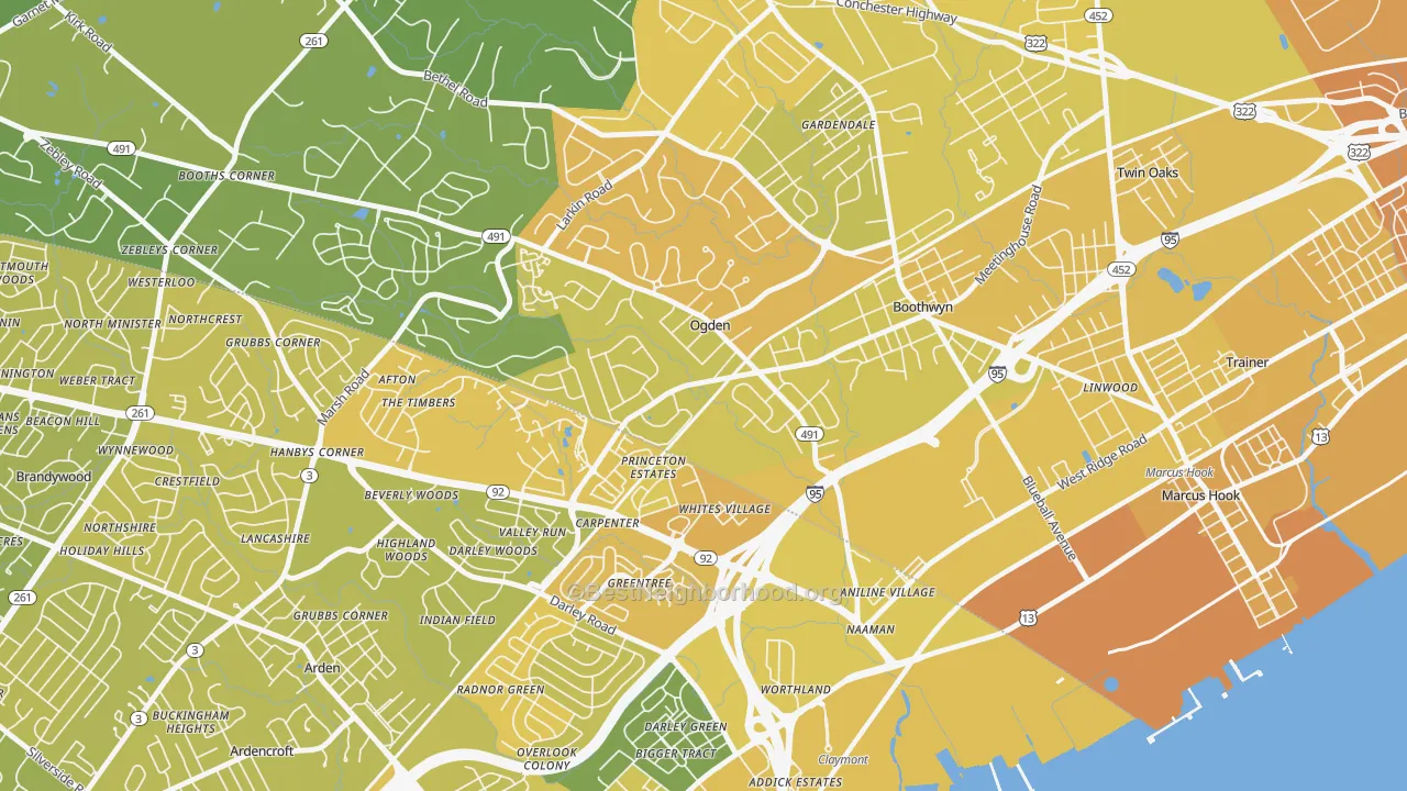 Map of the best neighborhoods in the Boothwyn area, with better matches in green and worse matches in red