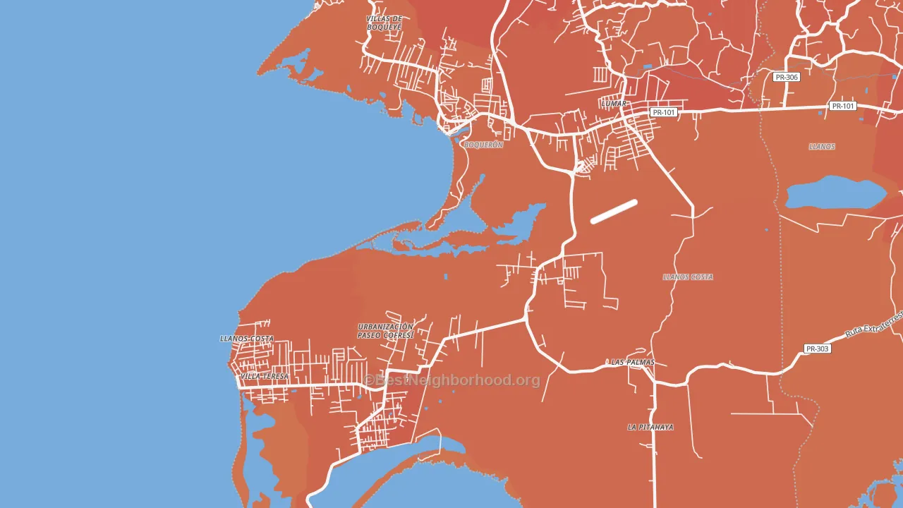 Map of the best neighborhoods in the Boqueron area, with better matches in green and worse matches in red