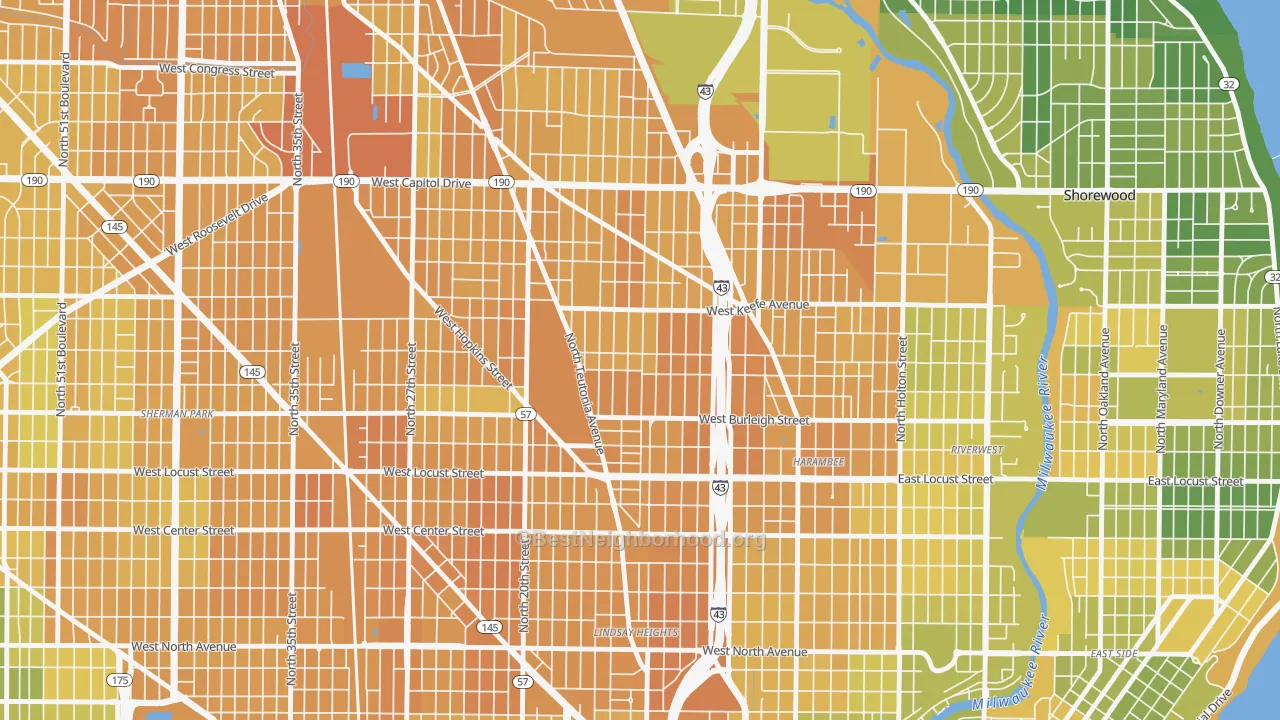 Map of the best neighborhoods in the Borchert Field, Milwaukee area, with better matches in green and worse matches in red