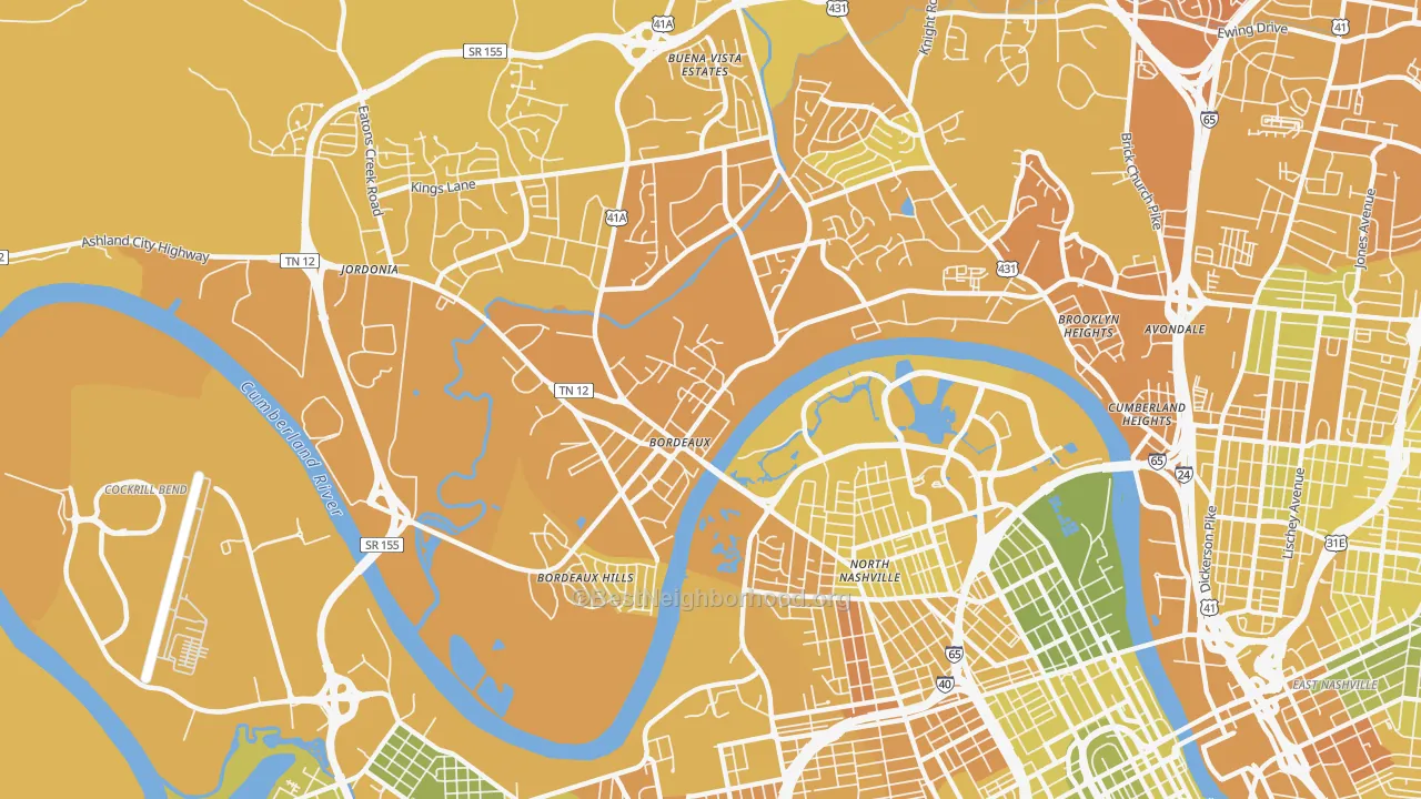 Map of the best neighborhoods in the Bordeaux, Nashville area, with better matches in green and worse matches in red