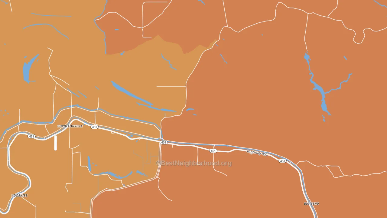Map of the best neighborhoods in the Bordelonville area, with better matches in green and worse matches in red