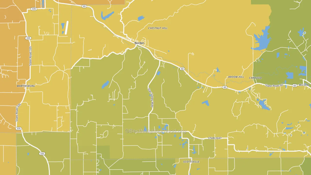 Map of the best neighborhoods in the Borden area, with better matches in green and worse matches in red