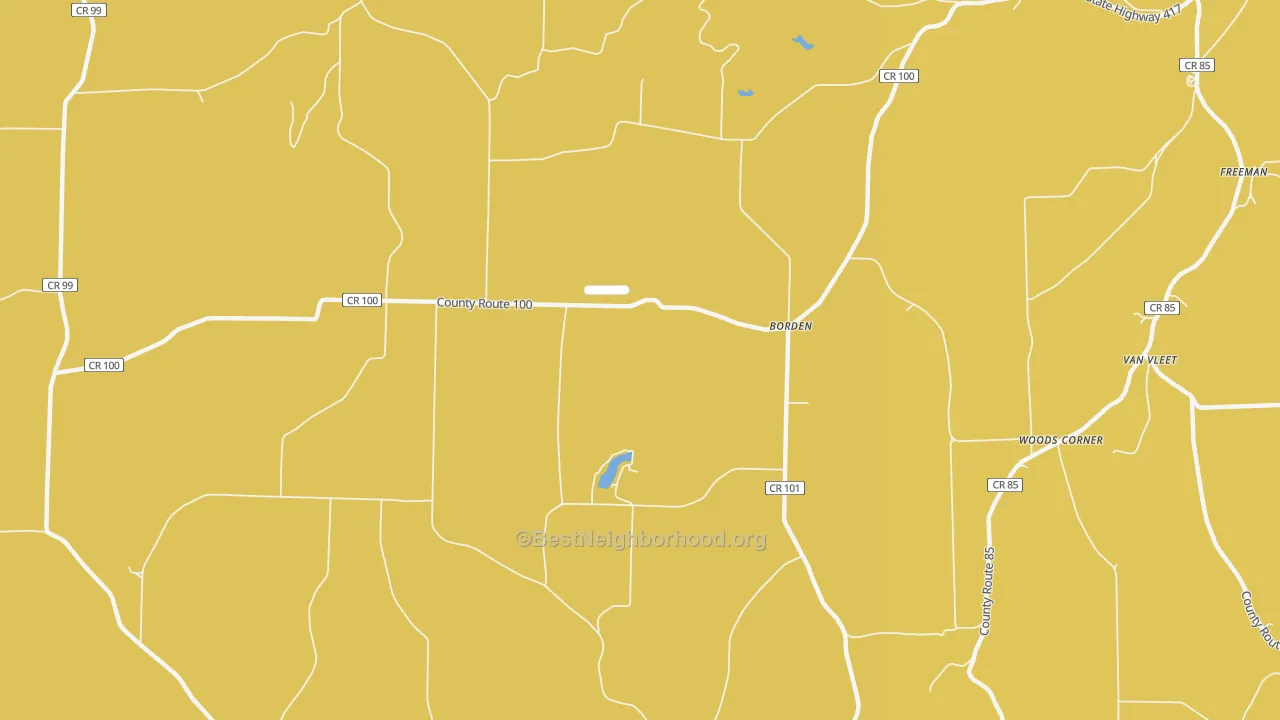 Map of the best neighborhoods in the Borden area, with better matches in green and worse matches in red