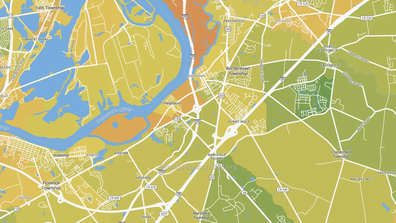 Map of the best neighborhoods in the Bordentown area, with better matches in green and worse matches in red