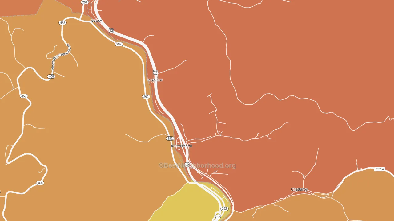 Map of the best neighborhoods in the Borderland area, with better matches in green and worse matches in red