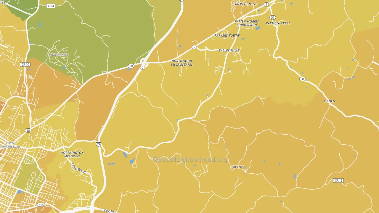 Map of the best neighborhoods in the Boreman area, with better matches in green and worse matches in red