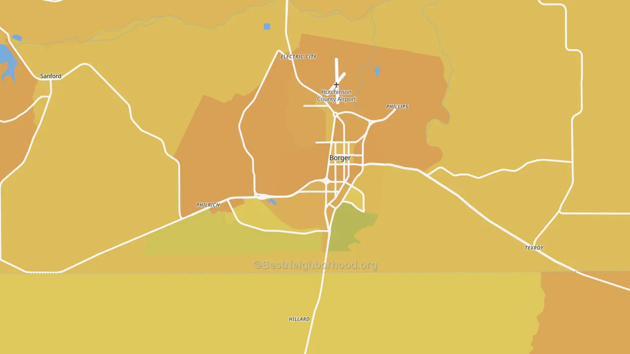 Map of the best neighborhoods in the Borger area, with better matches in green and worse matches in red