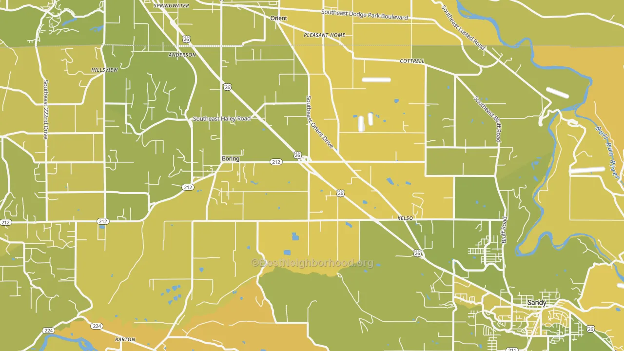 Map of the best neighborhoods in the Boring area, with better matches in green and worse matches in red