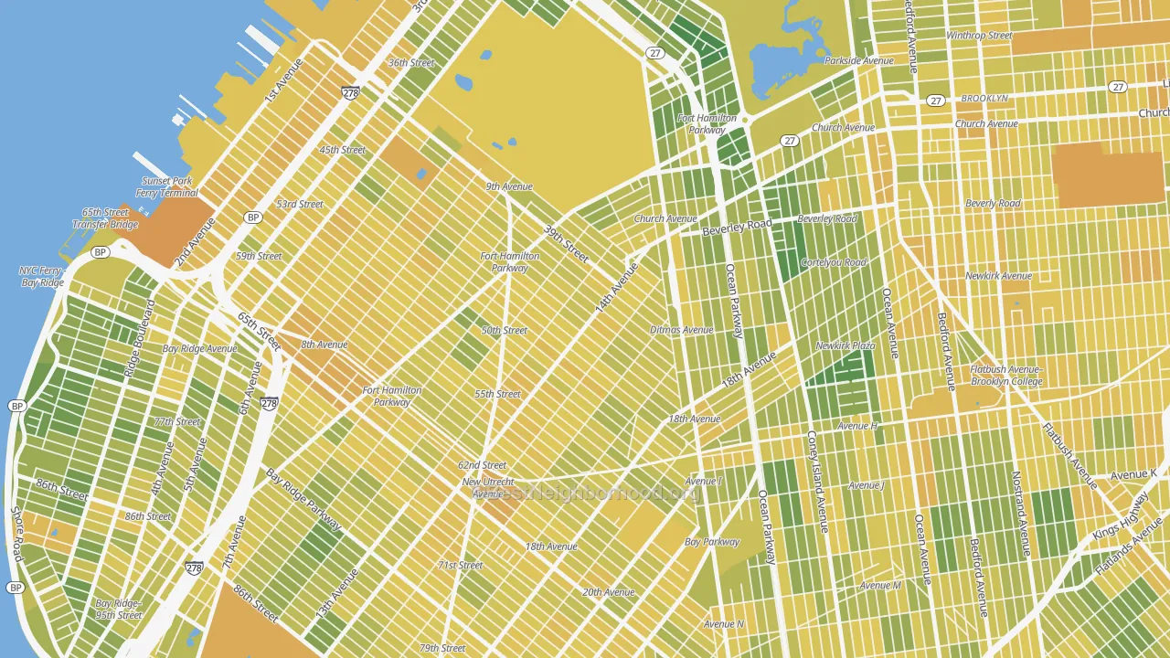 Map of the best neighborhoods in the Borough Park, Brooklyn area, with better matches in green and worse matches in red