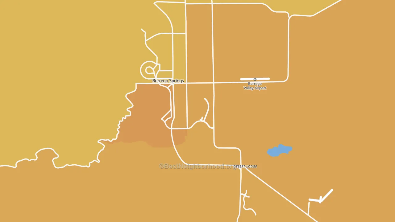 Map of the best neighborhoods in the Borrego Springs area, with better matches in green and worse matches in red