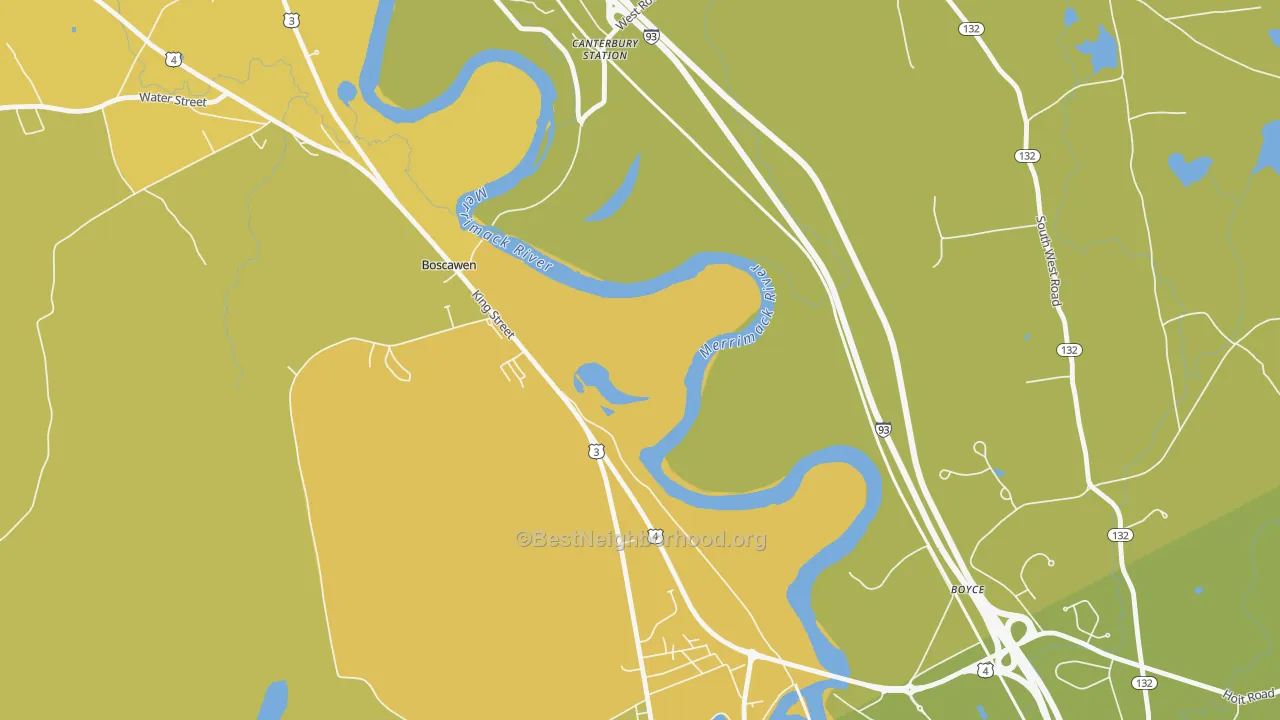 Map of the best neighborhoods in the Boscawen area, with better matches in green and worse matches in red
