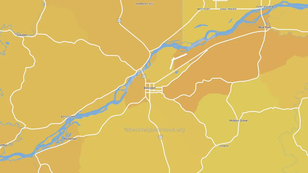 Map of the best neighborhoods in the Boscobel area, with better matches in green and worse matches in red